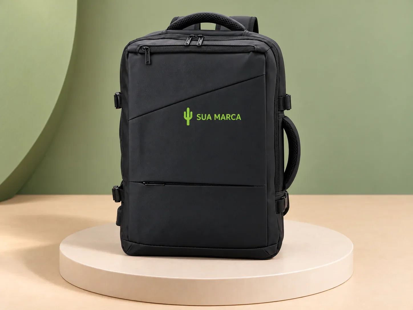 Mochila expansível de couro sintético 36 litros, com exemplo de personalização colorida: um cacto e o texto “SUA MARCA” impressos em cor