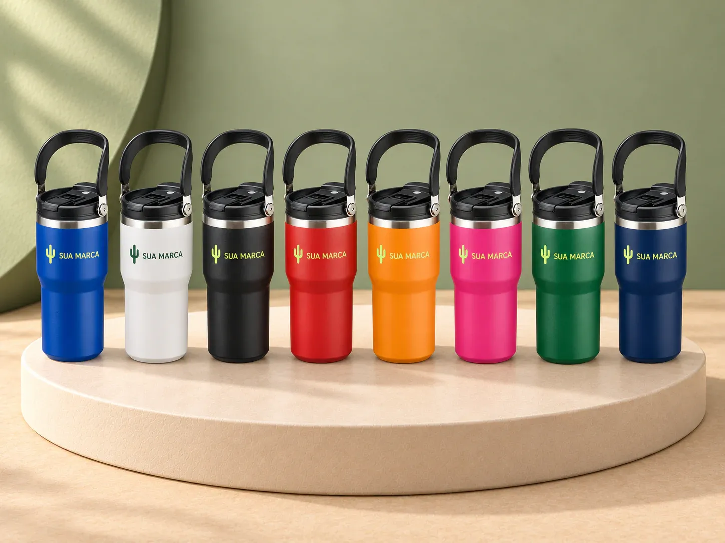 Copo térmico 600 ml, com exemplo de personalização colorida: um cacto e o texto “SUA MARCA” impressos em cor