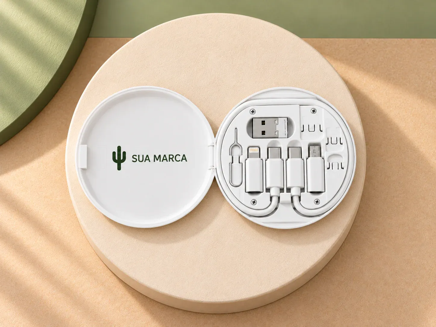 Conjunto cabo e adaptadores super-rápido em ABS 100% reciclado, com exemplo de personalização colorida: um cacto e o texto “SUA MARCA” impressos em cor