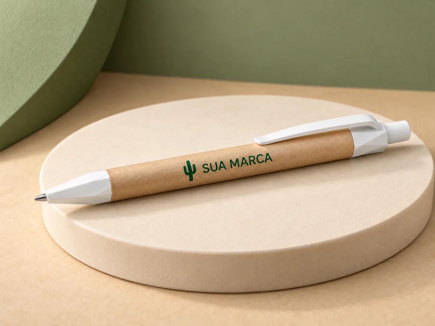 Caneta de papel kraft, com exemplo de personalização colorida: um cacto e o texto “SUA MARCA” impressos em cor