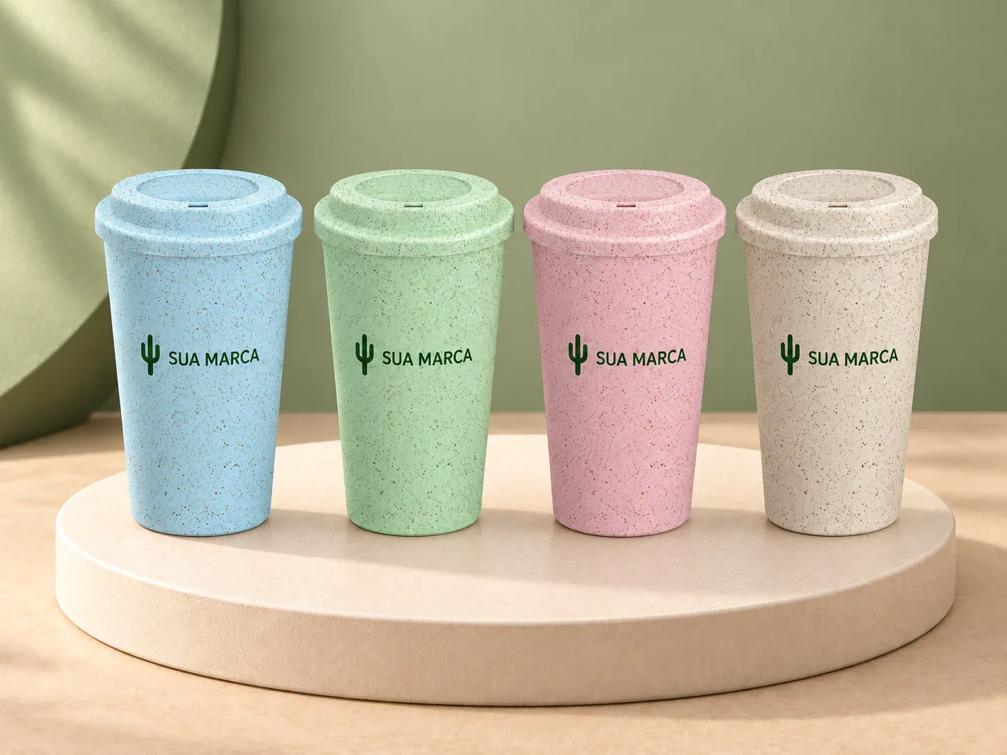Copo fibra de arroz 450 ml, com exemplo de personalização colorida: um cacto e o texto “SUA MARCA” impressos em cor