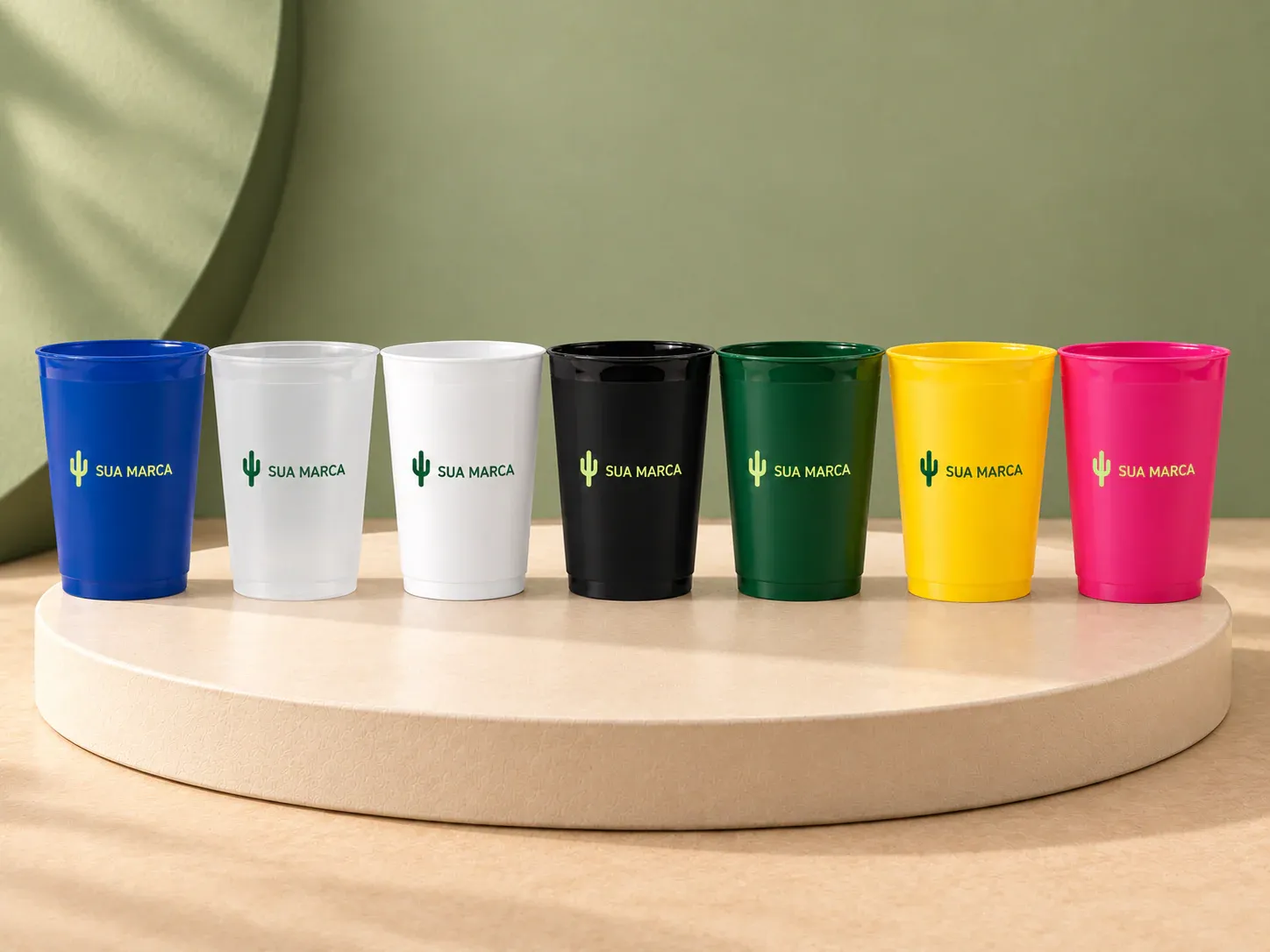 Copo plástico 450 ml, com exemplo de personalização colorida: um cacto e o texto “SUA MARCA” impressos em cor