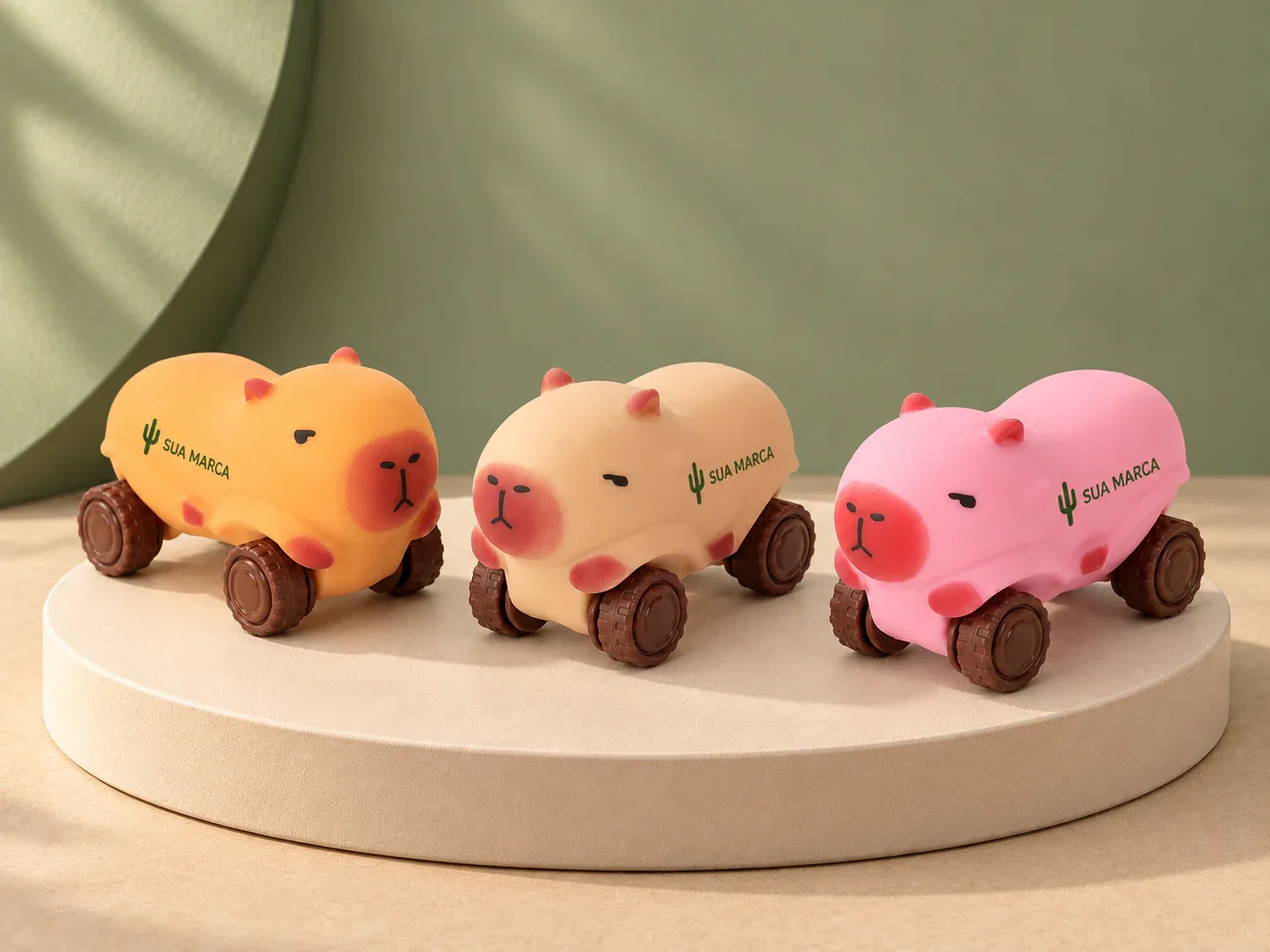 Carro capivara antiestresse, com exemplo de personalização colorida: um cacto e o texto “SUA MARCA” impressos em cor