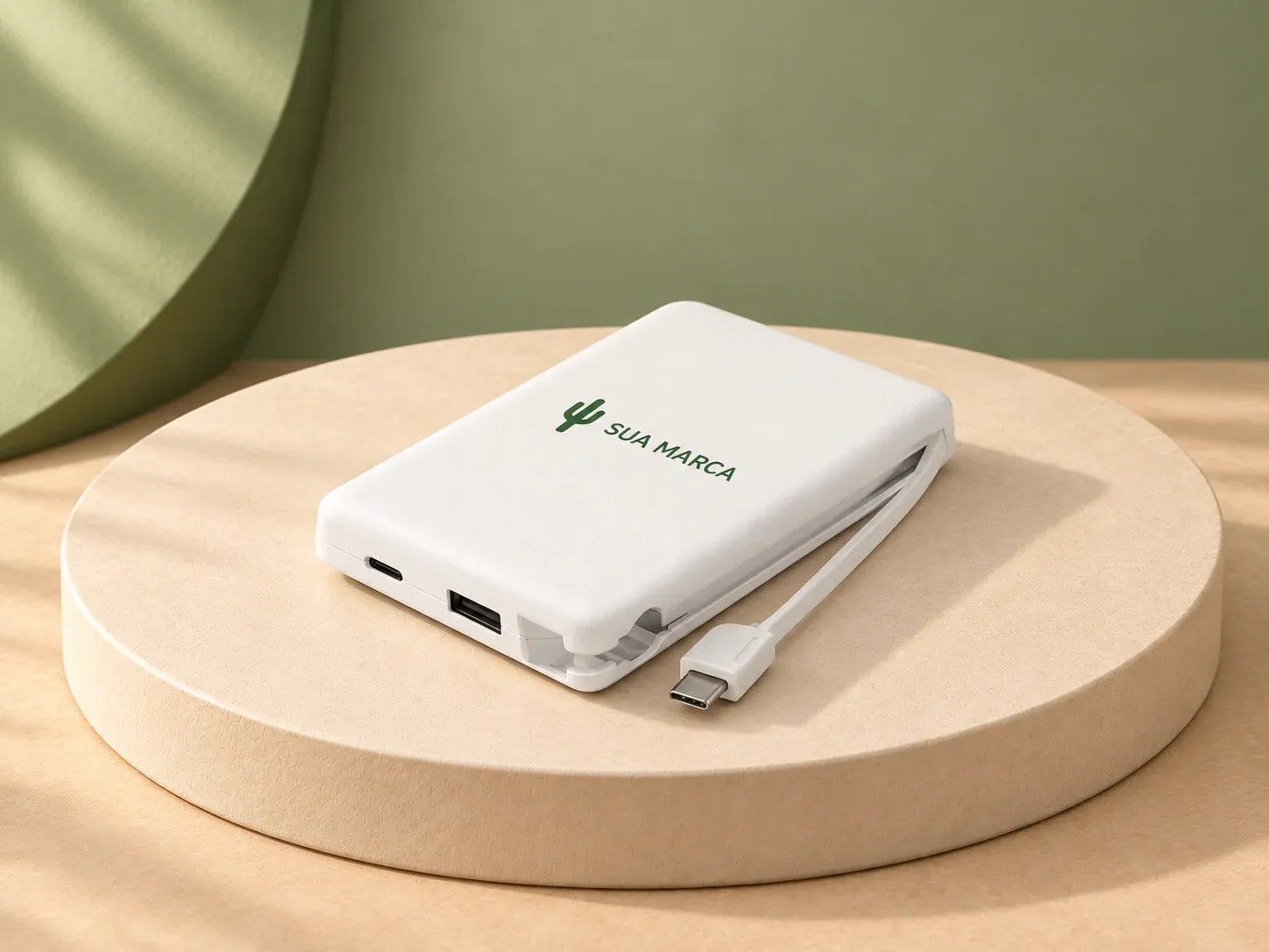 Bateria portátil 10.000 mAh em ABS 100% reciclado com cabo integrado, com exemplo de personalização colorida: um cacto e o texto “SUA MARCA” impressos em cor