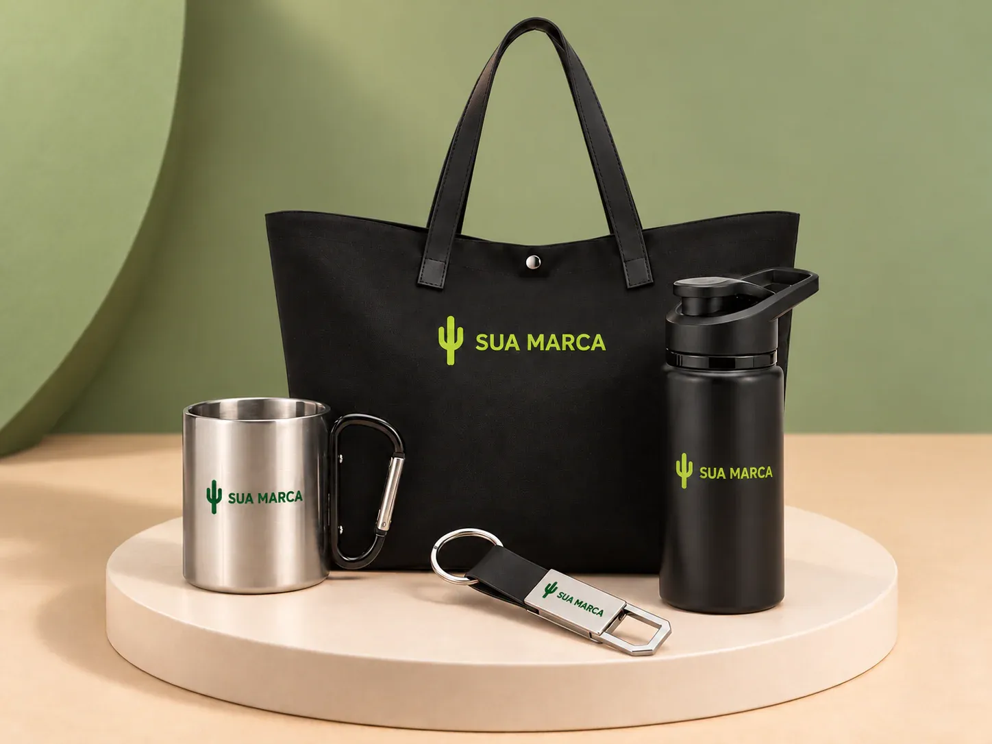 Kit onboarding 13, com exemplo de personalização colorida: um cacto e o texto “SUA MARCA” impressos em cor