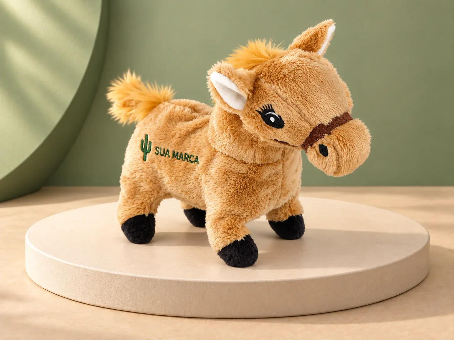 Cavalo de pelúcia articulado, com exemplo de personalização colorida: um cacto e o texto “SUA MARCA” impressos em cor