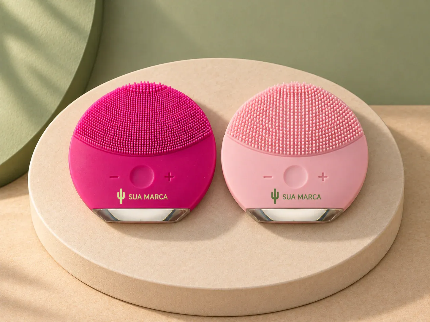 Massageador e limpador facial elétrico, com exemplo de personalização colorida: um cacto e o texto “SUA MARCA” impressos em cor