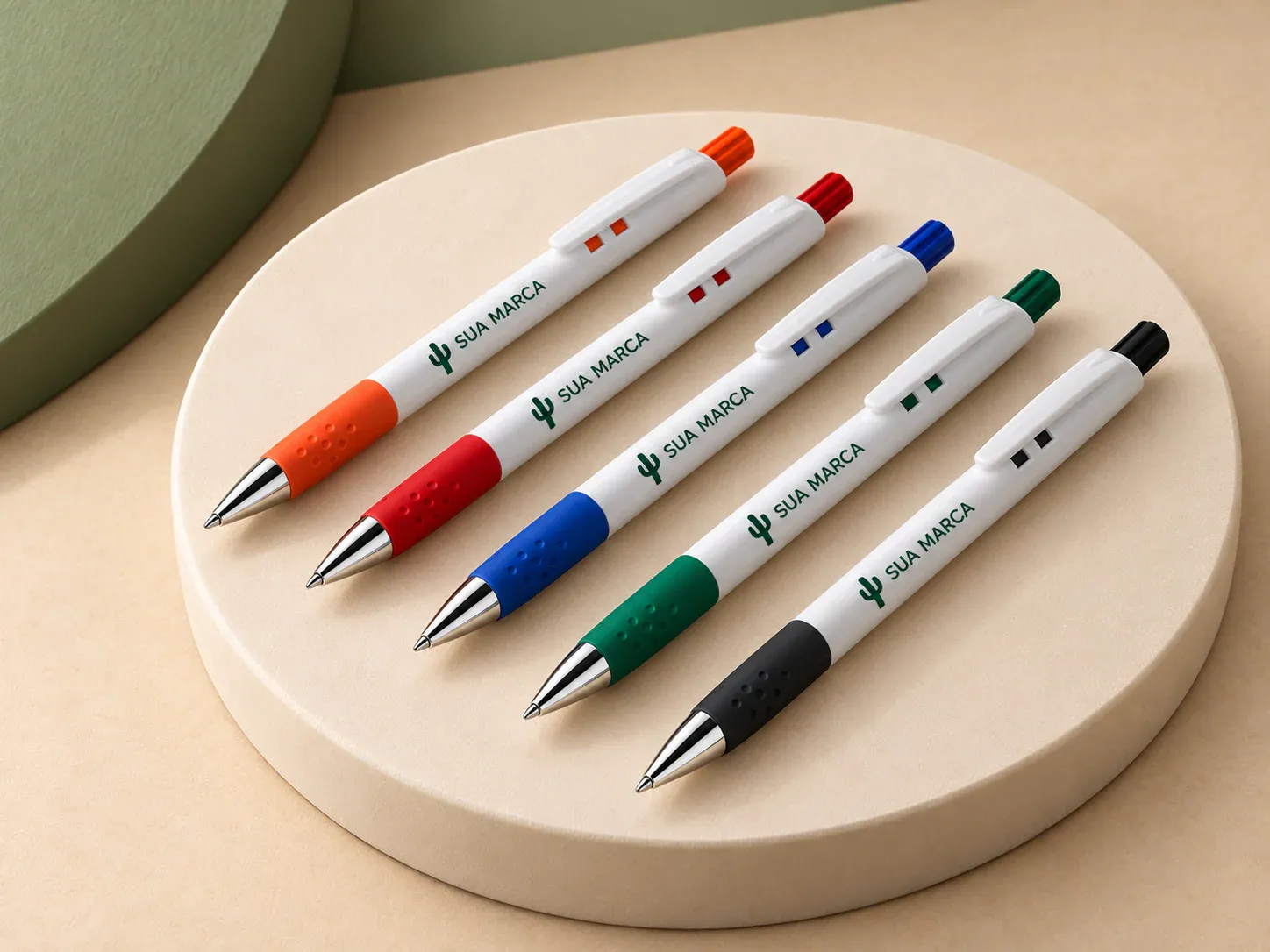 Caneta plástica com grip, com exemplo de personalização colorida: um cacto e o texto “SUA MARCA” impressos em cor