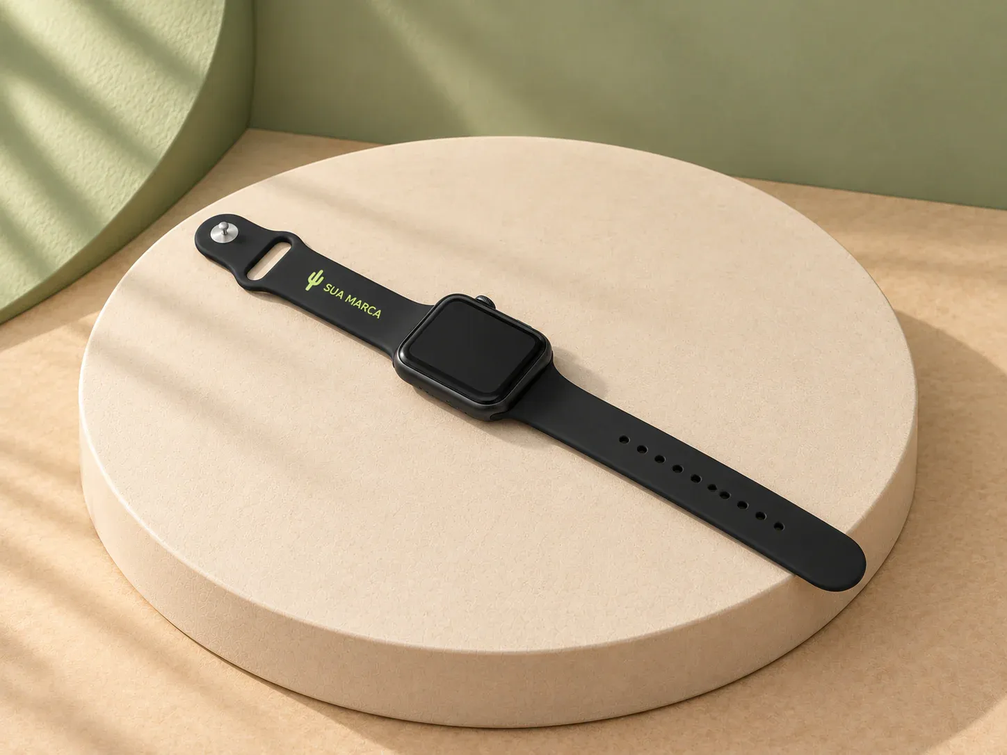 Relógio inteligente com bracelete em silicone, com exemplo de personalização colorida: um cacto e o texto “SUA MARCA” impressos em cor