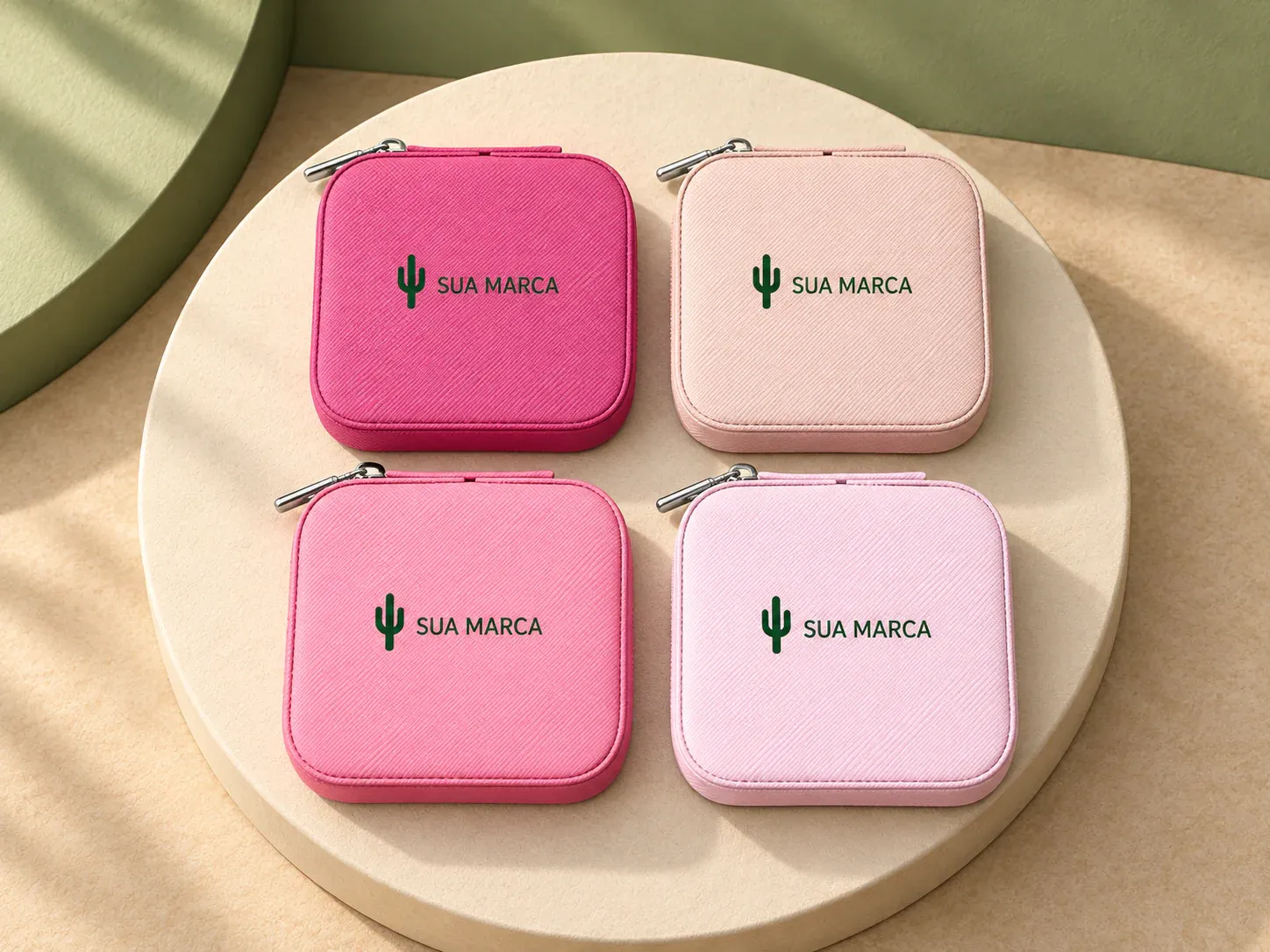 Porta-joias em couro sintético, com exemplo de personalização colorida: um cacto e o texto “SUA MARCA” impressos em cor