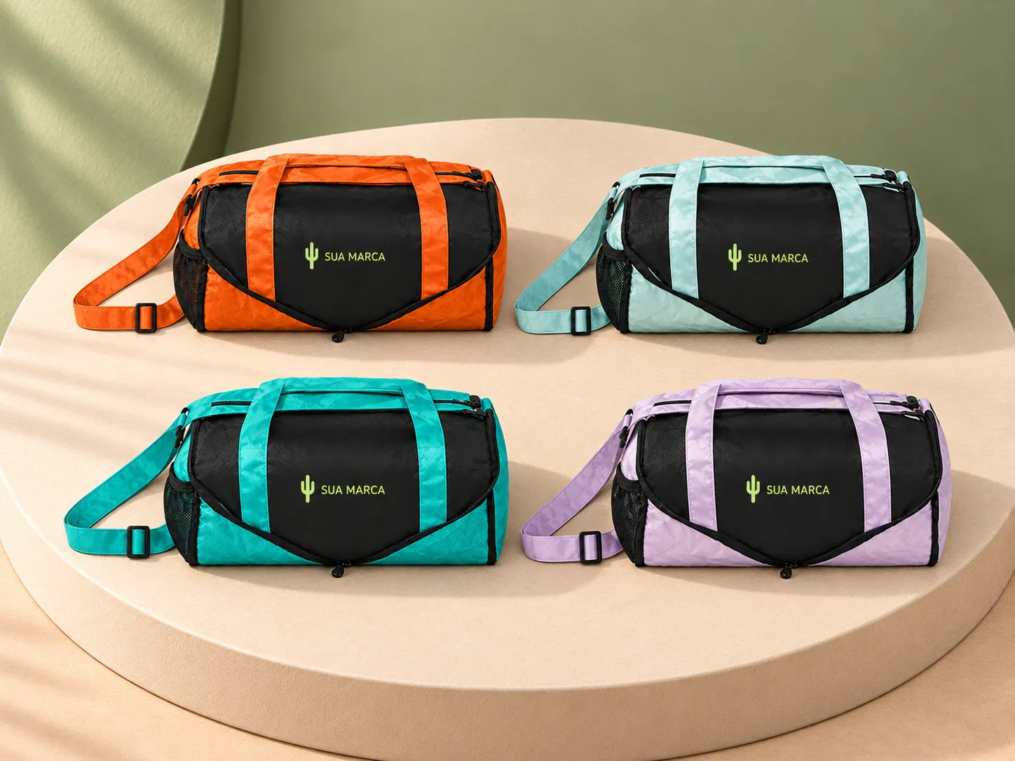 Bolsa dobrável poliéster 6 L, com exemplo de personalização colorida: um cacto e o texto “SUA MARCA” impressos em cor