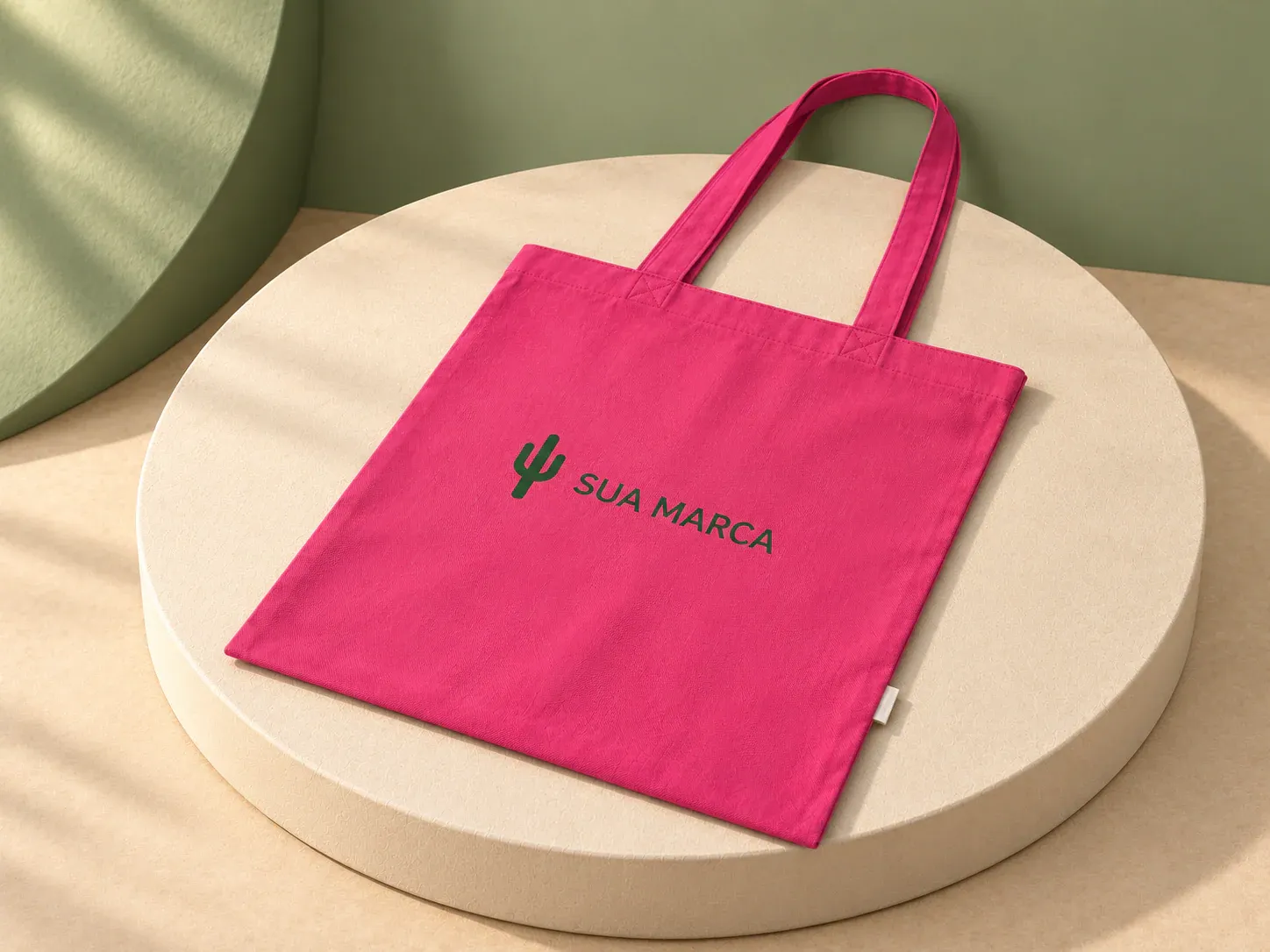 Sacola em algodão e poliéster reciclados 180 g/m², com exemplo de personalização colorida: um cacto e o texto “SUA MARCA” impressos em cor