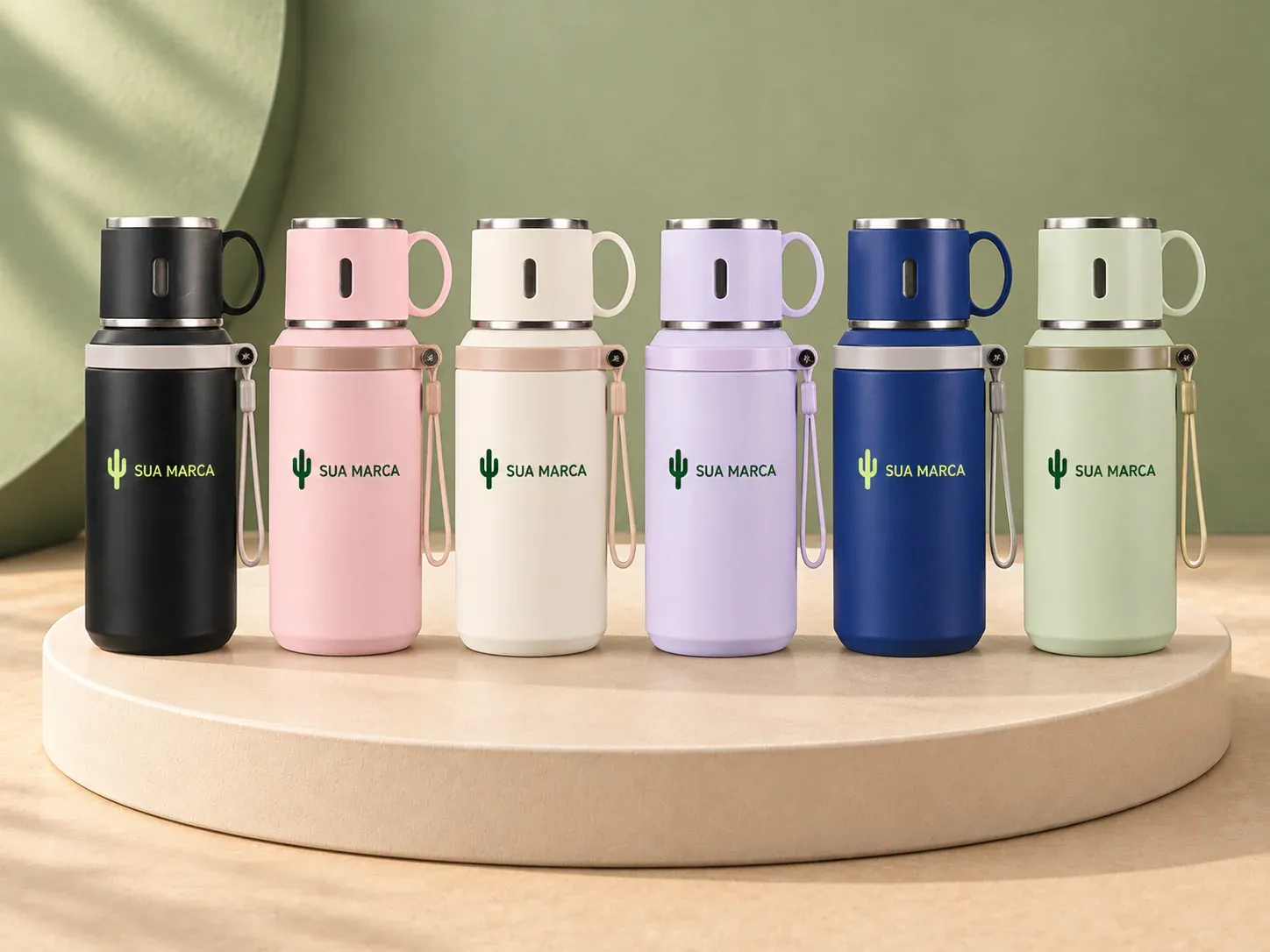 Garrafa térmica 600 ml, com exemplo de personalização colorida: um cacto e o texto “SUA MARCA” impressos em cor
