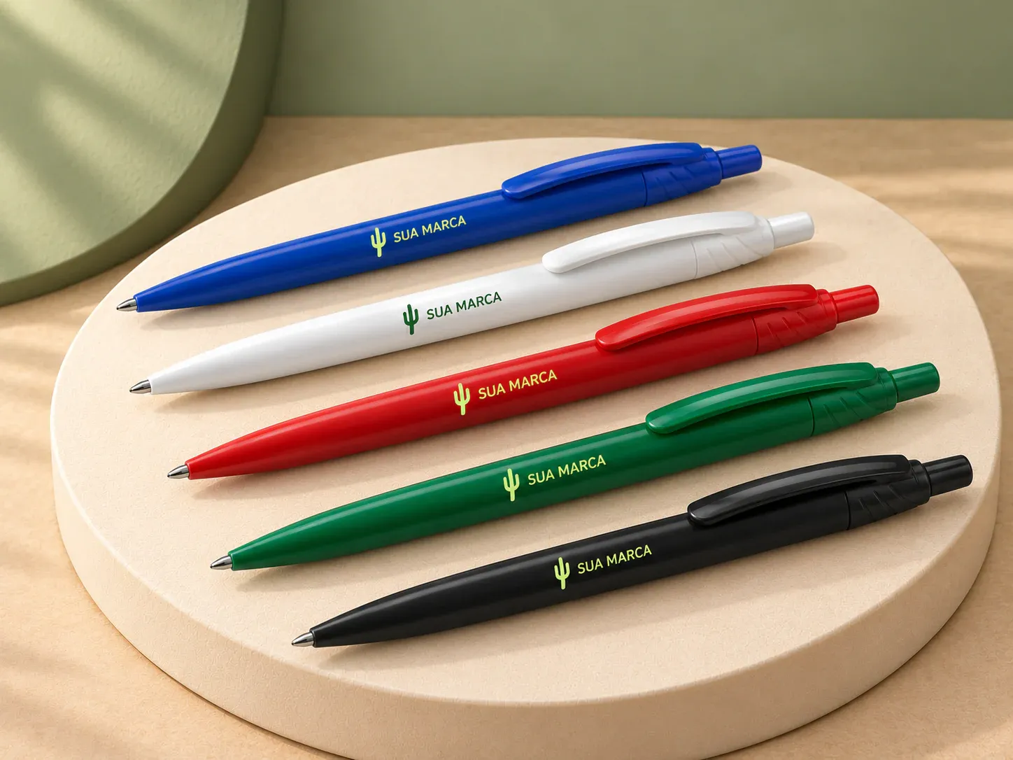Caneta plástica, com exemplo de personalização colorida: um cacto e o texto “SUA MARCA” impressos em cor