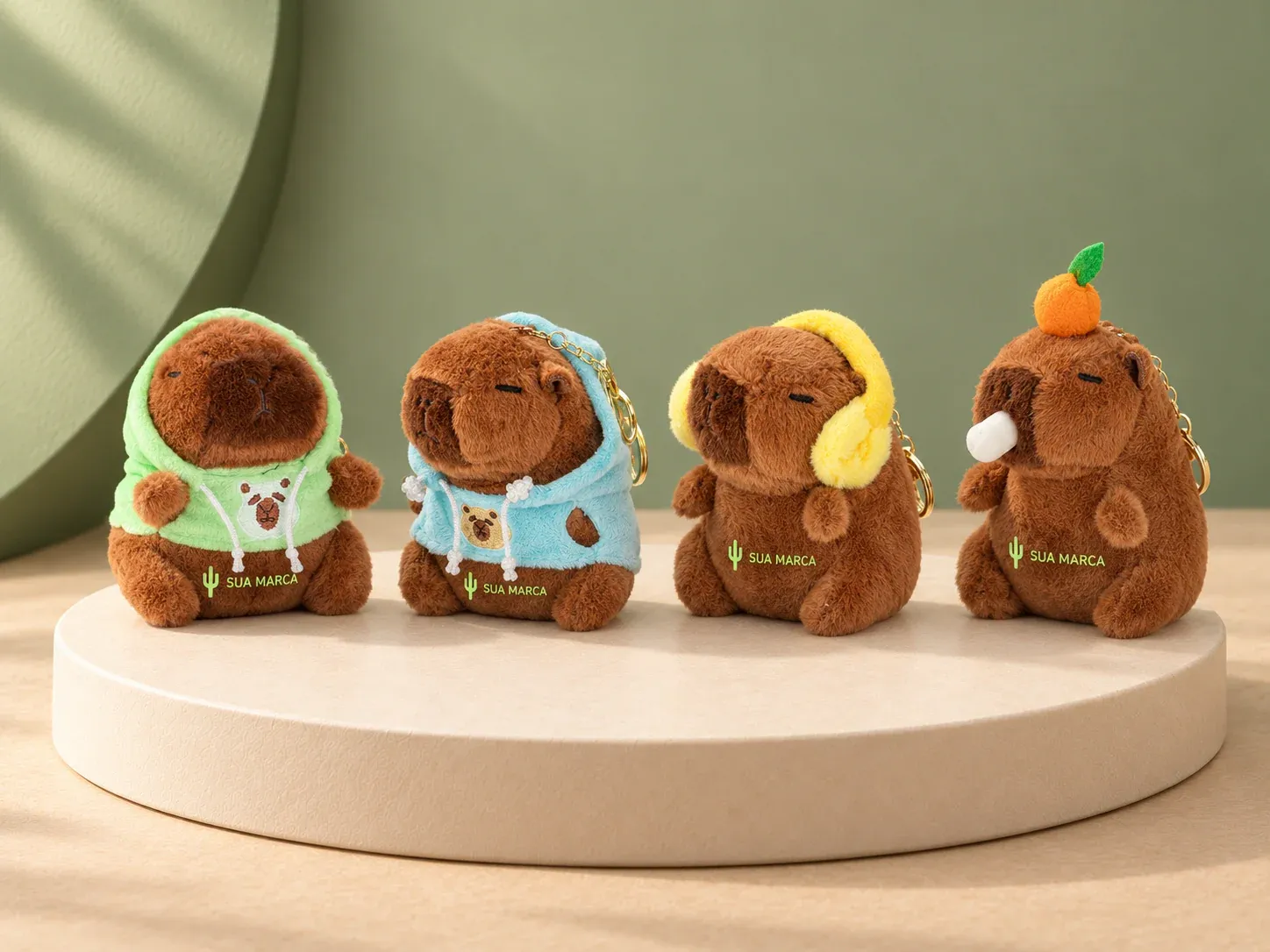 Chaveiro capivara de pelúcia com música, com exemplo de personalização colorida: um cacto e o texto “SUA MARCA” impressos em cor