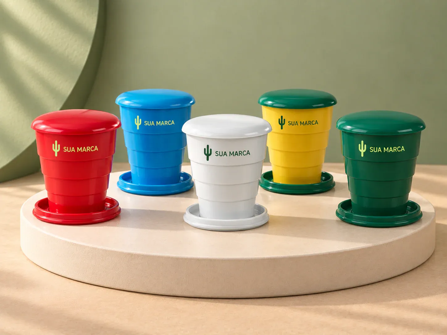 Copo retrátil 130 ml, com exemplo de personalização colorida: um cacto e o texto “SUA MARCA” impressos em cor