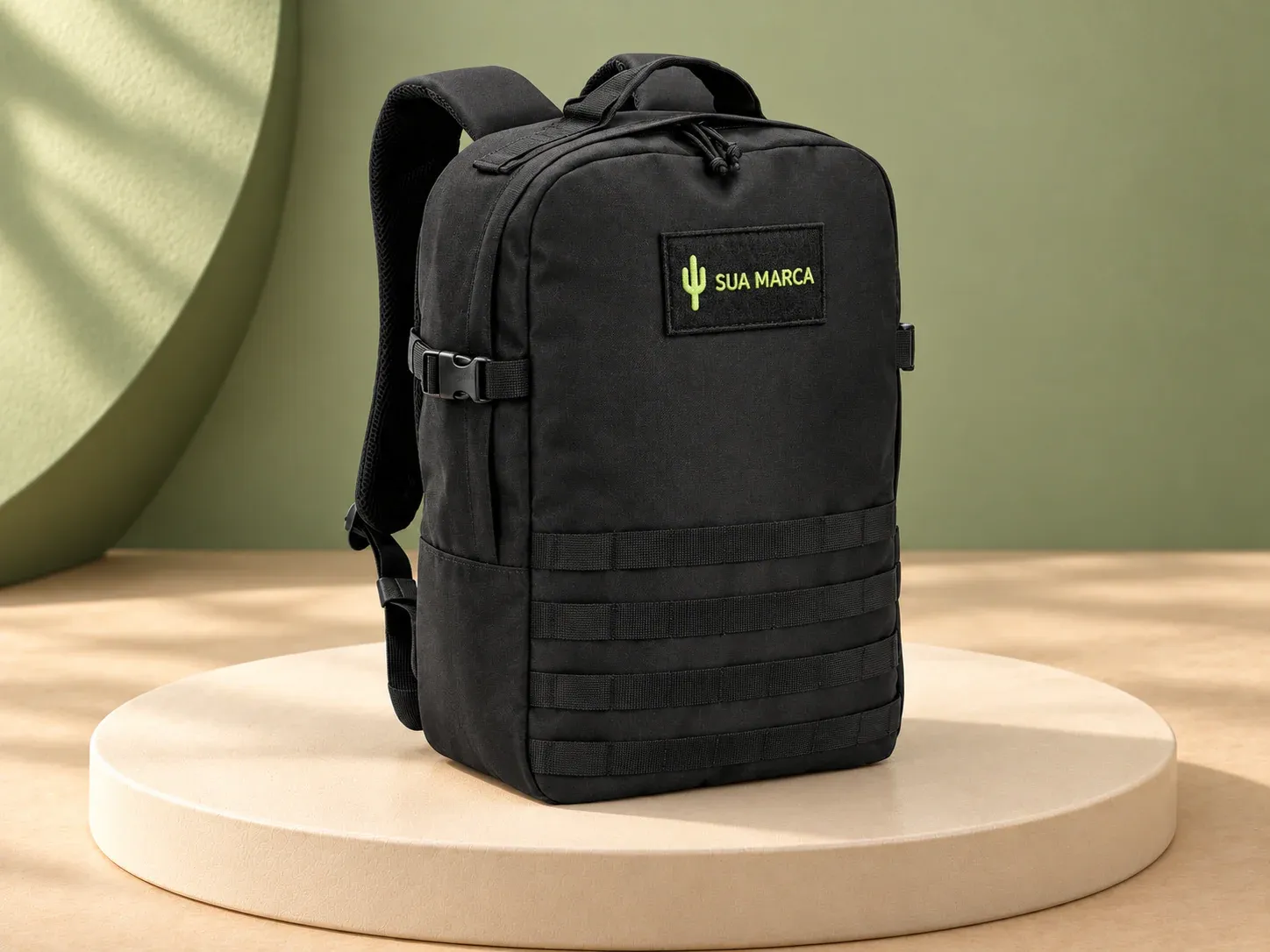 Mochila estilo militar em poliéster reciclado 600D com bolso para notebook 17.3" 21 L, com exemplo de personalização colorida: um cacto e o texto “SUA MARCA” impressos em cor