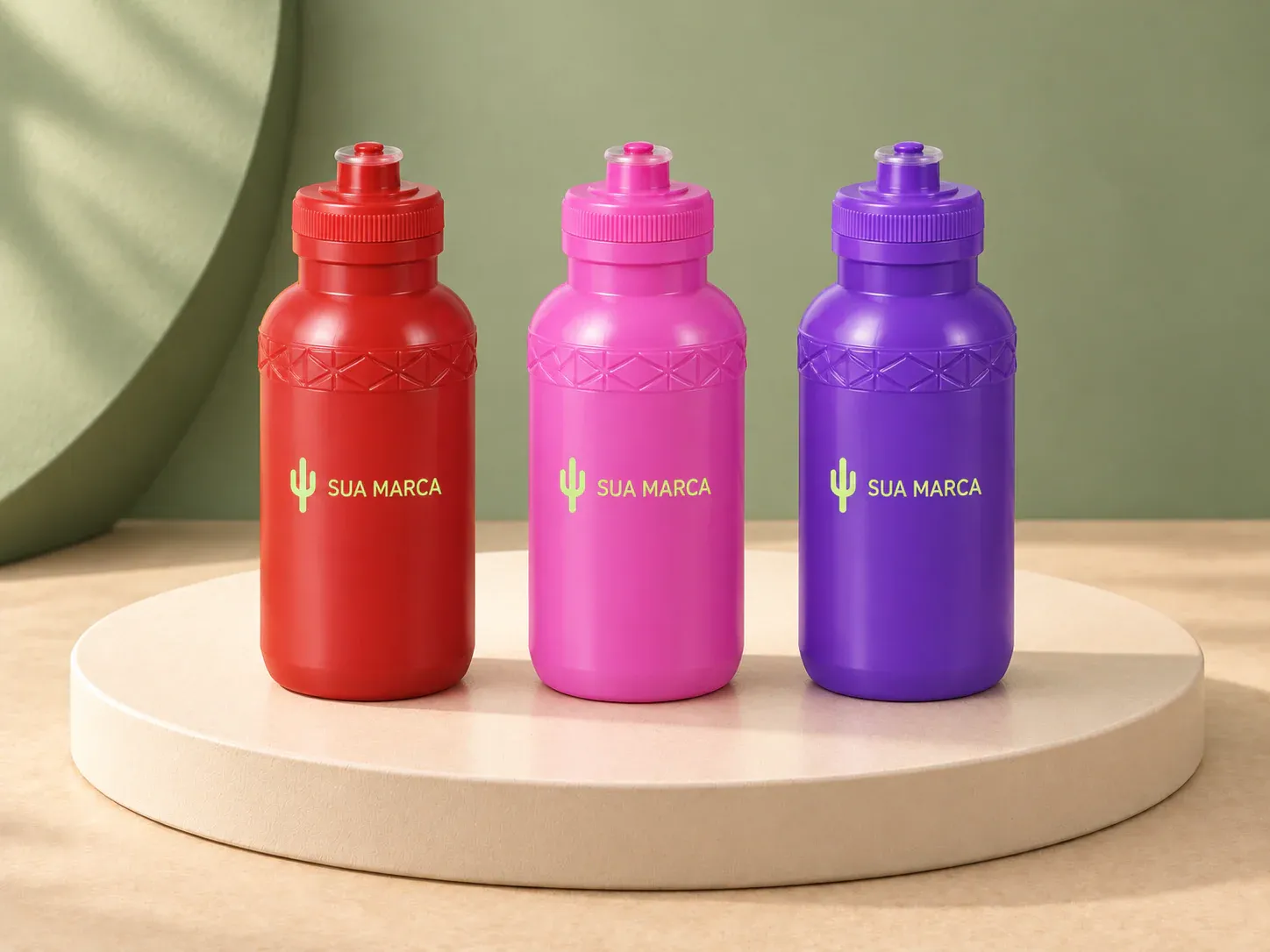 Squeeze plástico 500 ml, com exemplo de personalização colorida: um cacto e o texto “SUA MARCA” impressos em cor
