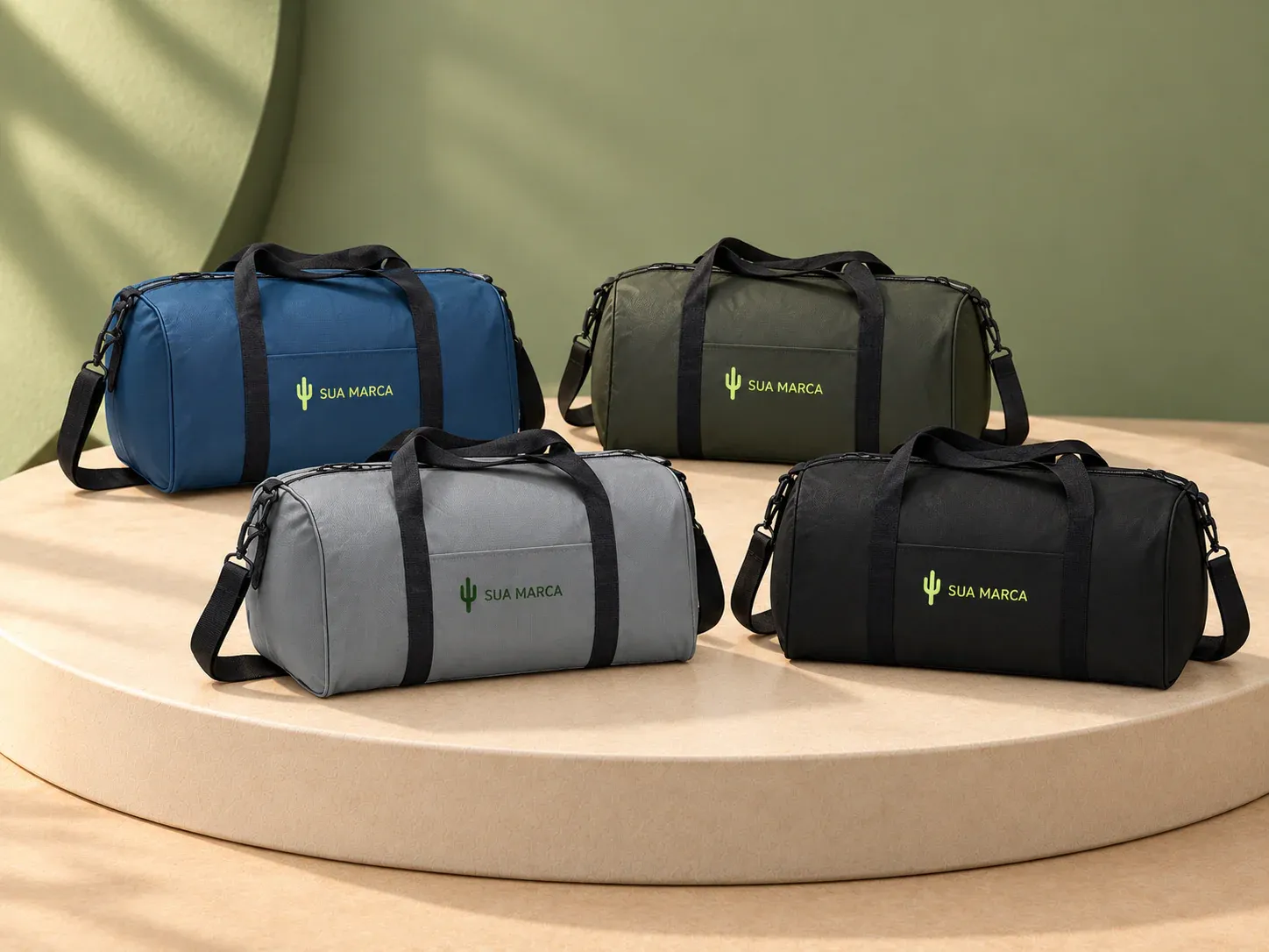 Bolsa poliéster 44 L, com exemplo de personalização colorida: um cacto e o texto “SUA MARCA” impressos em cor