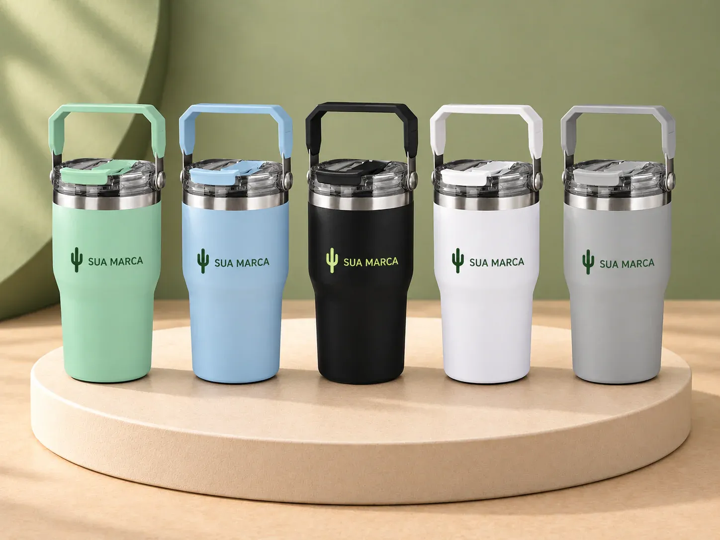 Copo térmico 650 ml, com exemplo de personalização colorida: um cacto e o texto “SUA MARCA” impressos em cor