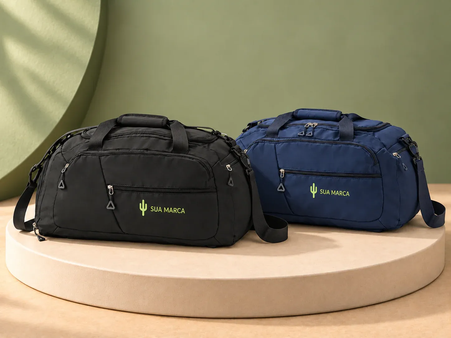 Bolsa esportiva Oxford 42 litros, com exemplo de personalização colorida: um cacto e o texto “SUA MARCA” impressos em cor