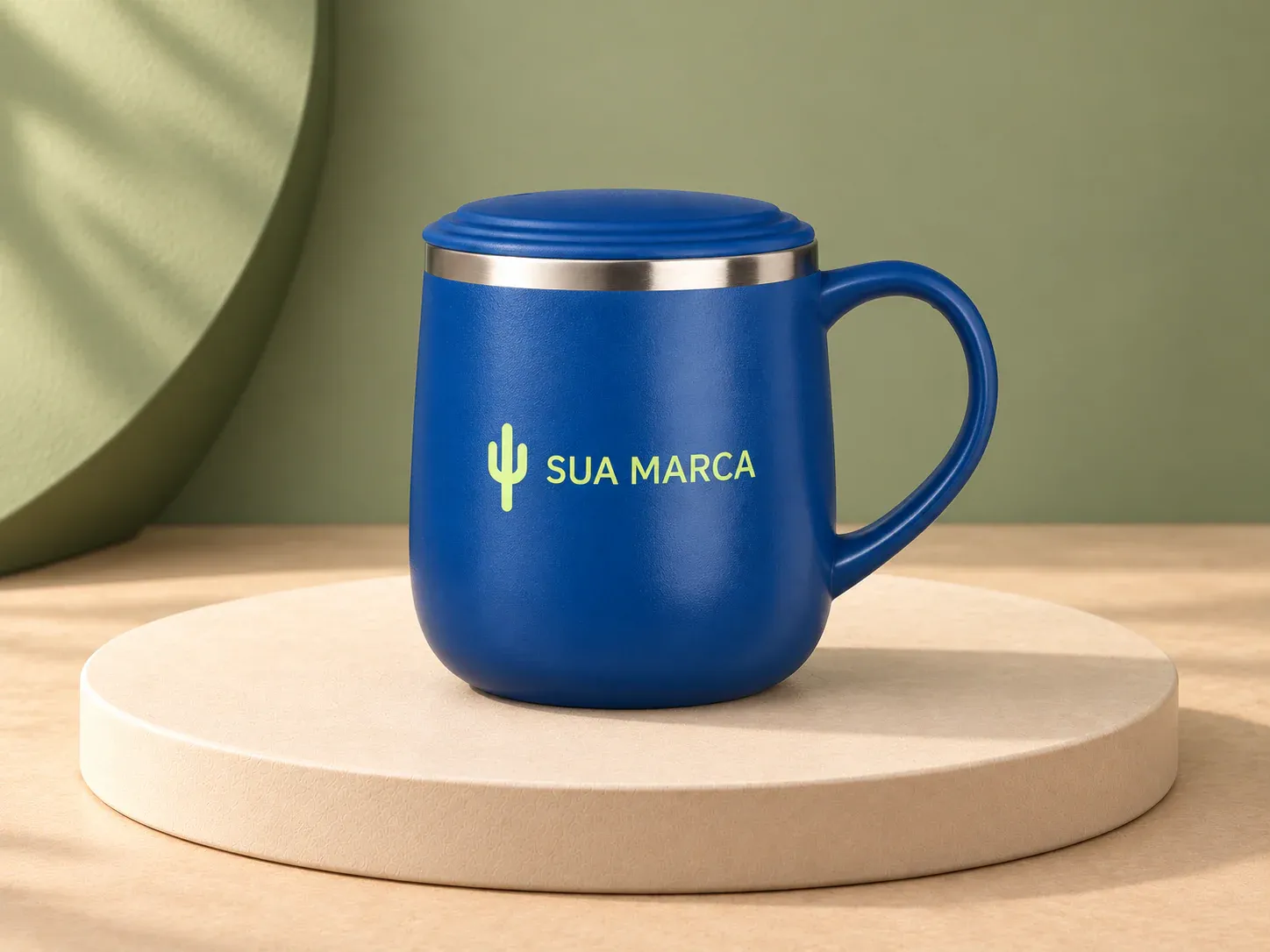 Caneca com parede dupla 370 ml, com exemplo de personalização colorida: um cacto e o texto “SUA MARCA” impressos em cor