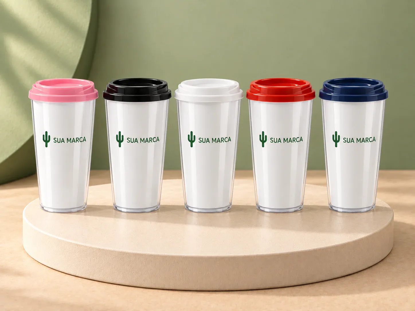 Copo plástico duplo 400 ml, com exemplo de personalização colorida: um cacto e o texto “SUA MARCA” impressos em cor