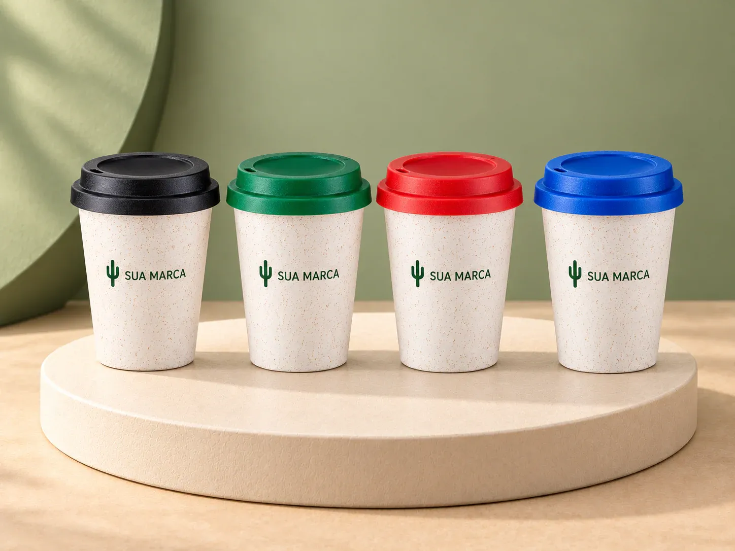 Copo fibra de arroz 350 ml, com exemplo de personalização colorida: um cacto e o texto “SUA MARCA” impressos em cor