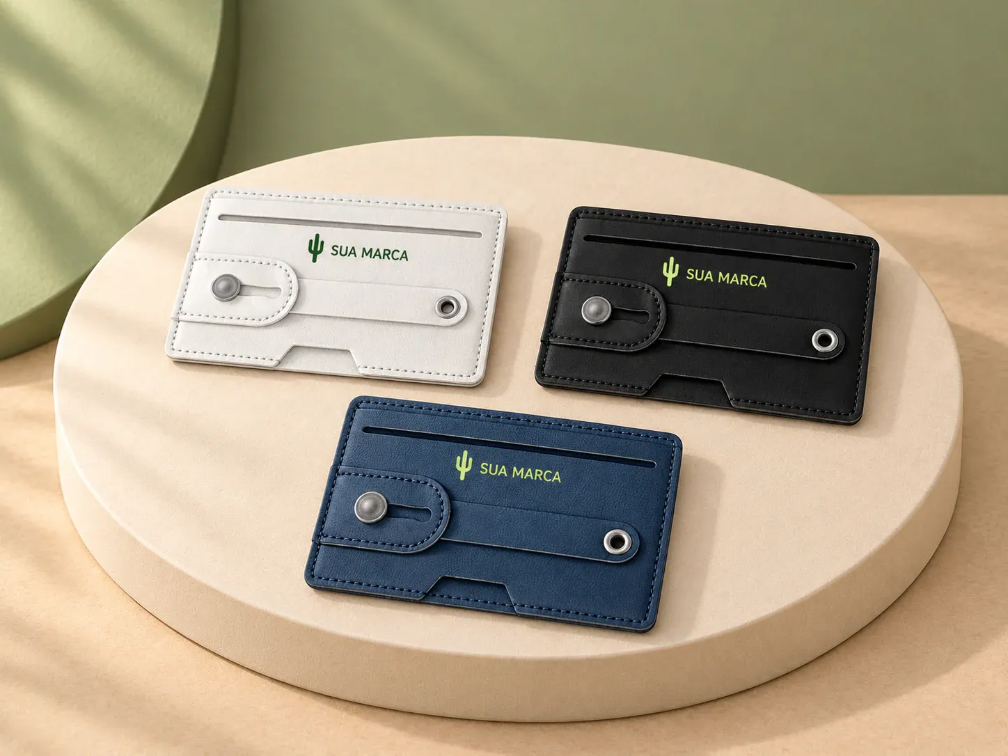 Porta cartões para celular com bloqueio RFID, com exemplo de personalização colorida: um cacto e o texto “SUA MARCA” impressos em cor