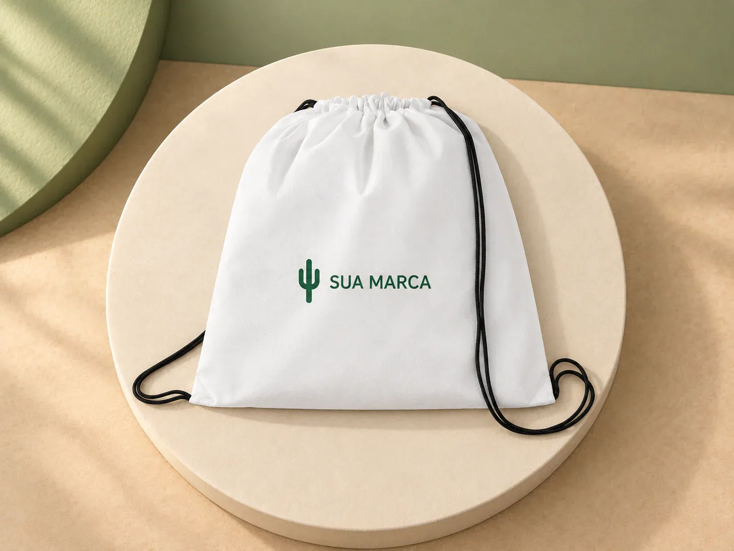 Sacola tipo mochila em non-woven, com exemplo de personalização colorida: um cacto e o texto “SUA MARCA” impressos em cor