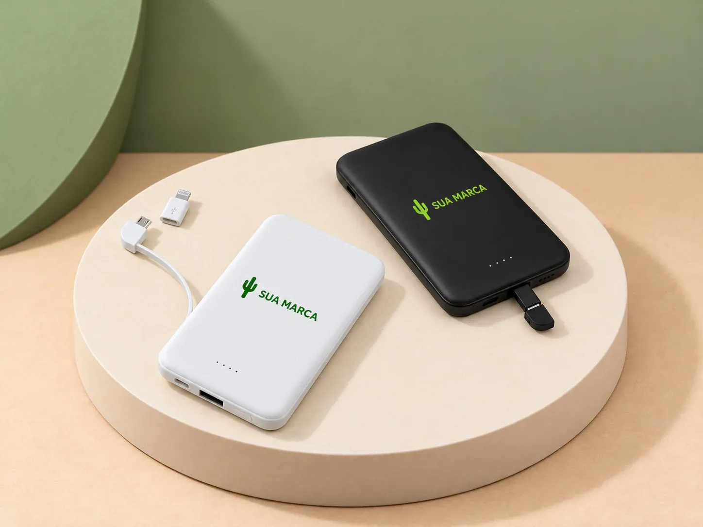 Power bank plástico 5.000 mAh, com exemplo de personalização colorida: um cacto e o texto “SUA MARCA” impressos em cor