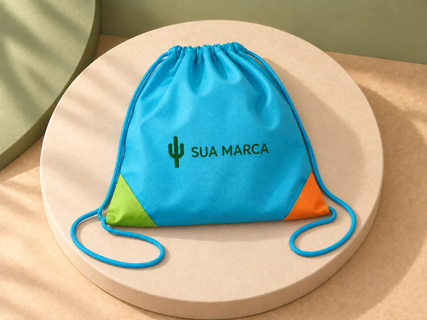 Sacola tipo mochila em non-woven 80 g/m², com exemplo de personalização colorida: um cacto e o texto “SUA MARCA” impressos em cor