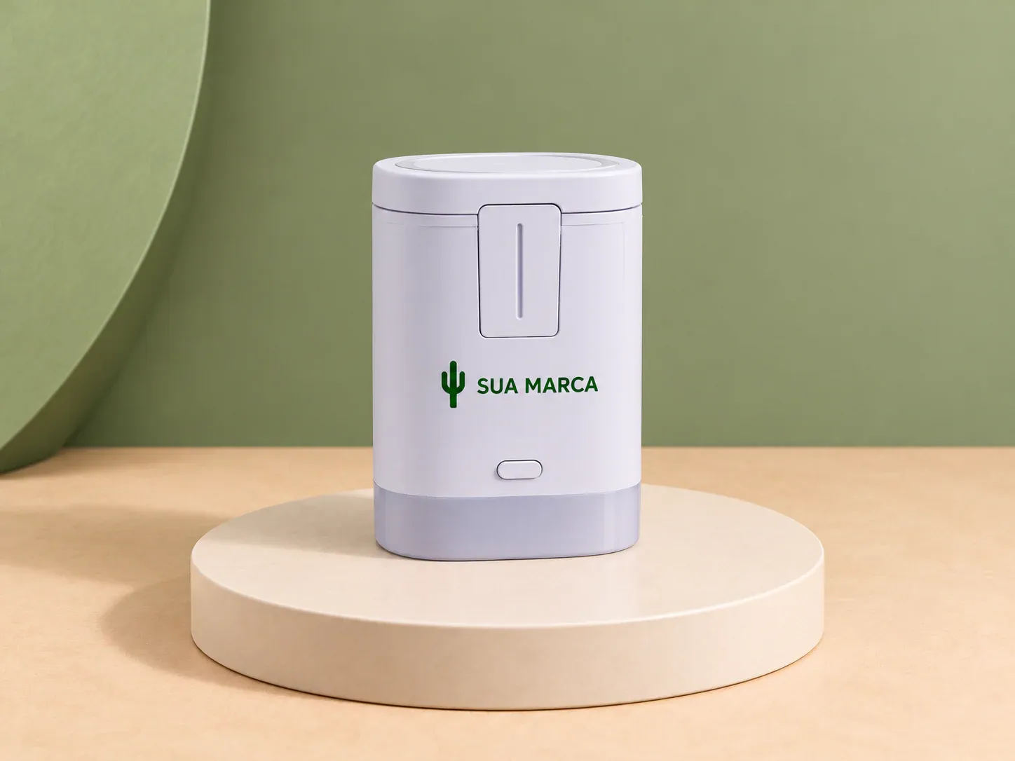 Base de carregamento por indução 3 em 1 com LED RGB, com exemplo de personalização colorida: um cacto e o texto “SUA MARCA” impressos em cor