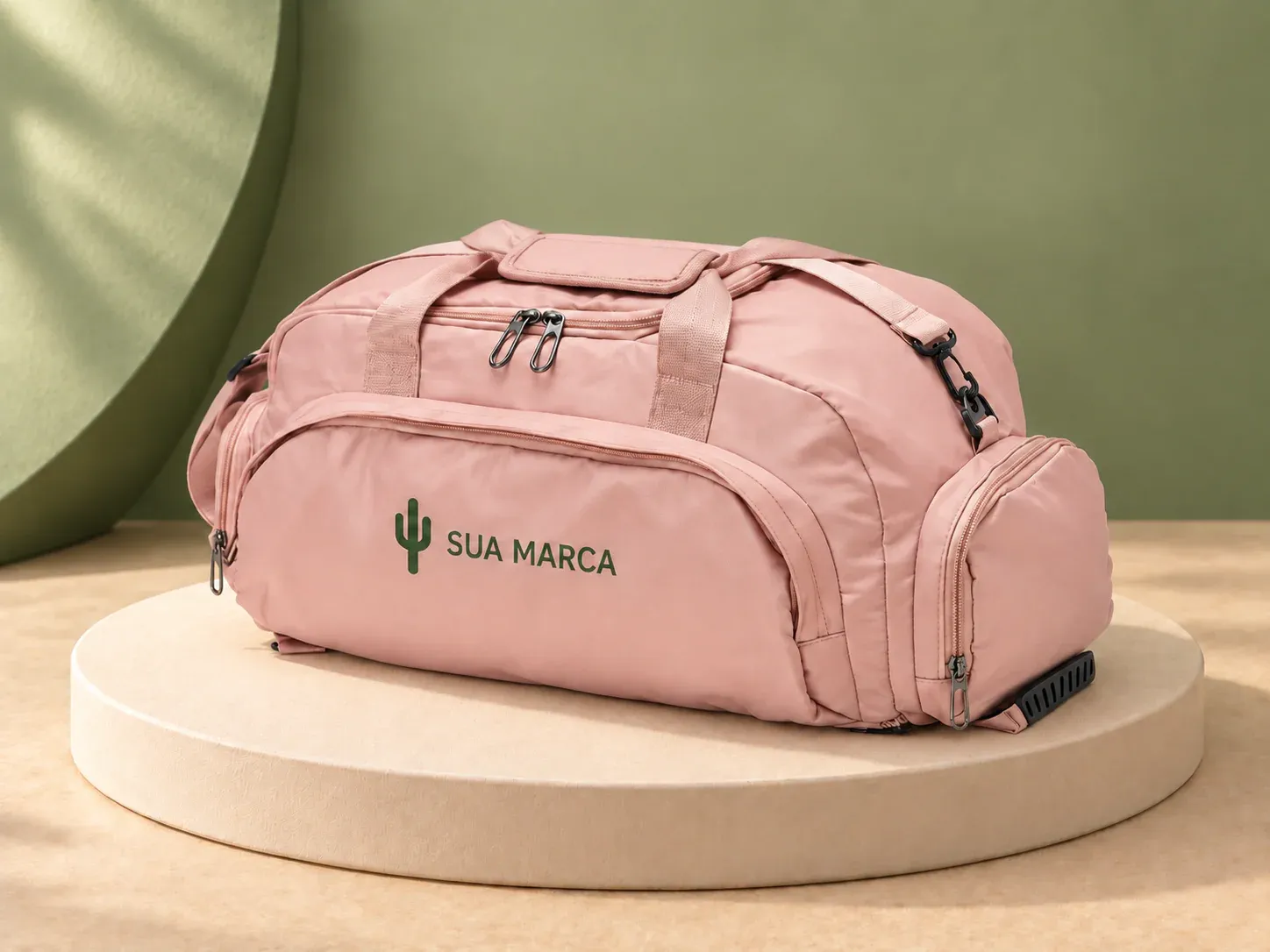 Bolsa esportiva em poliéster 28 L multifuncional, com exemplo de personalização colorida: um cacto e o texto “SUA MARCA” impressos em cor