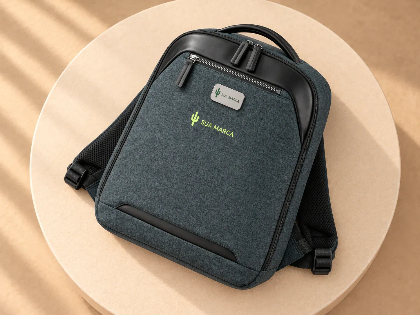 Mochila premium para notebook 15,6" em poliéster e PU, com exemplo de personalização colorida: um cacto e o texto “SUA MARCA” impressos em cor