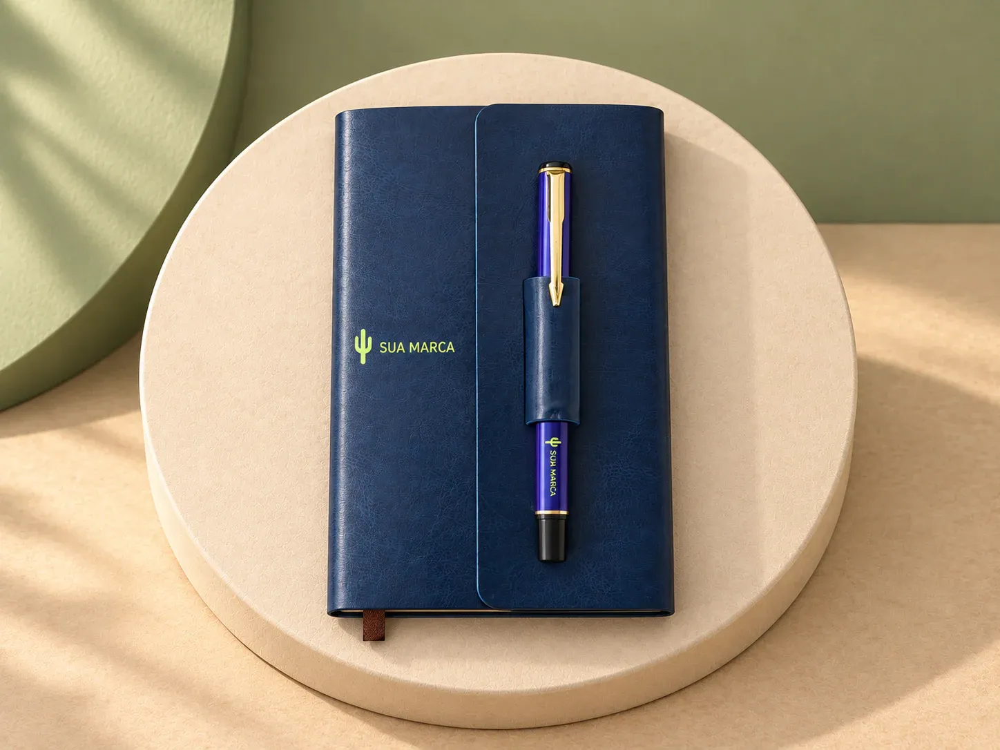 Kit para anotações com caneta, com exemplo de personalização colorida: um cacto e o texto “SUA MARCA” impressos em cor