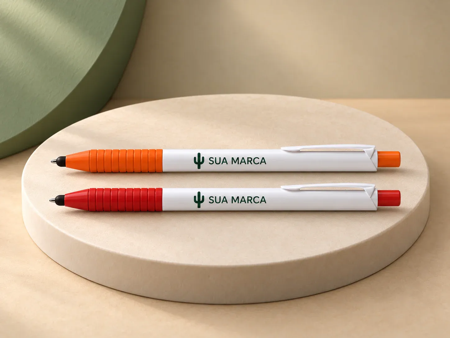 Caneta plástica touch, com exemplo de personalização colorida: um cacto e o texto “SUA MARCA” impressos em cor