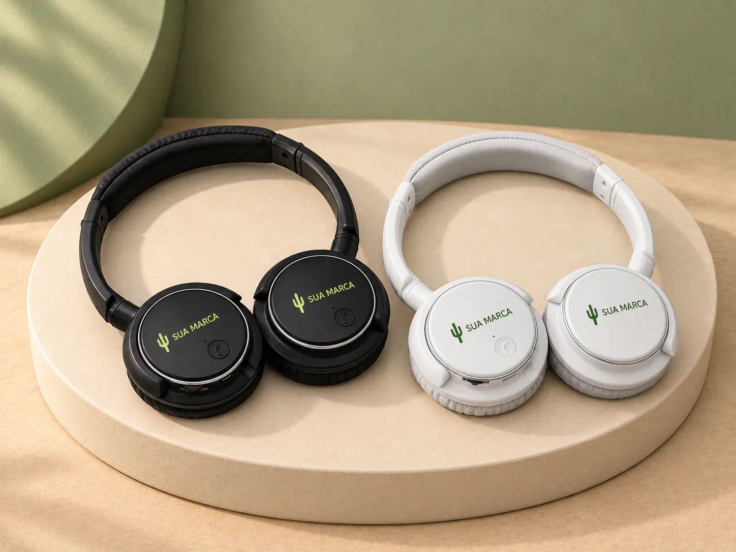 Fone de ouvido Bluetooth, com exemplo de personalização colorida: um cacto e o texto “SUA MARCA” impressos em cor