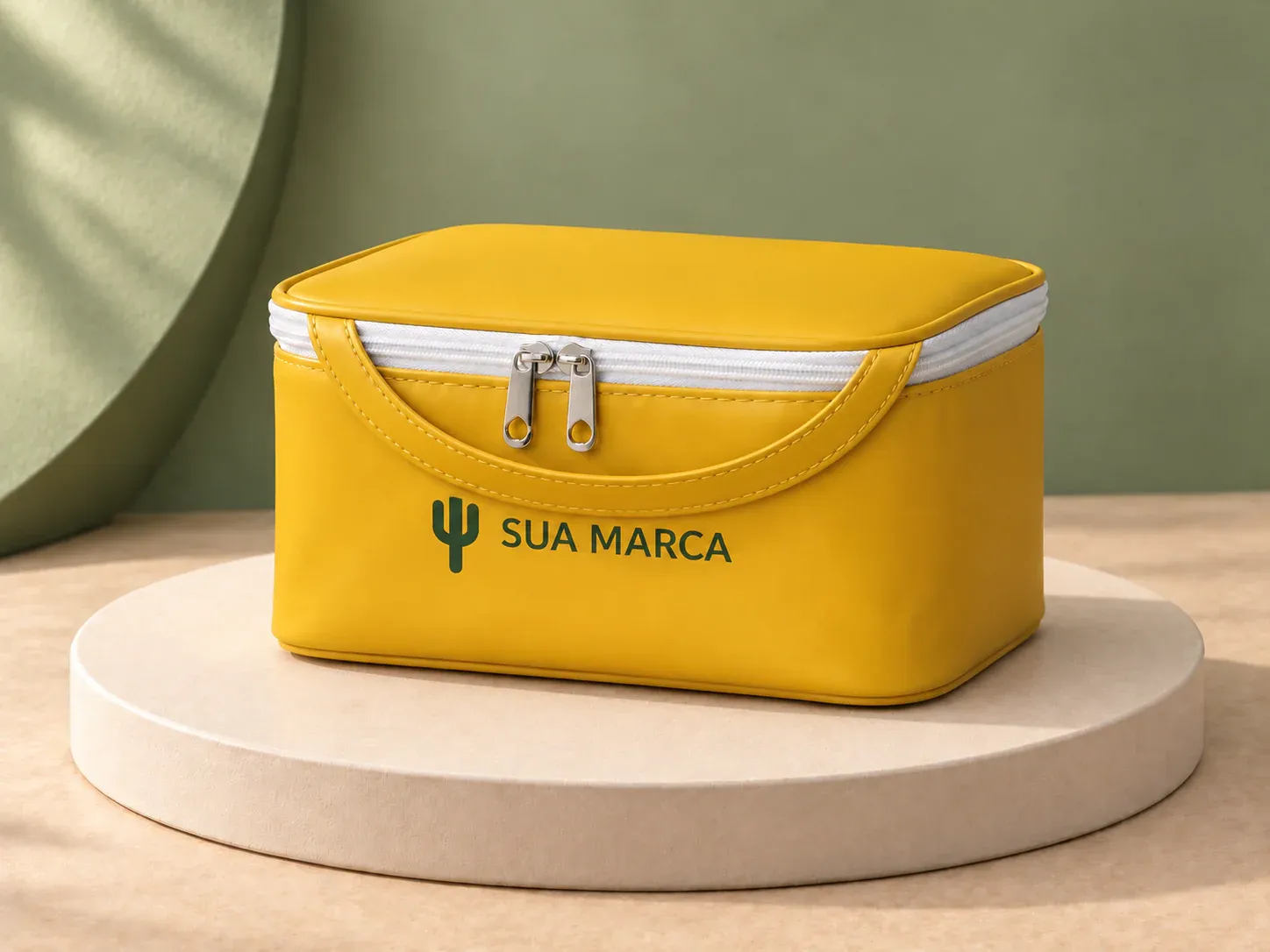 Necessaire impermeável, com exemplo de personalização colorida: um cacto e o texto “SUA MARCA” impressos em cor