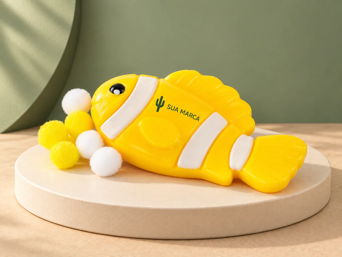 Squishy peixe antiestresse, com exemplo de personalização colorida: um cacto e o texto “SUA MARCA” impressos em cor