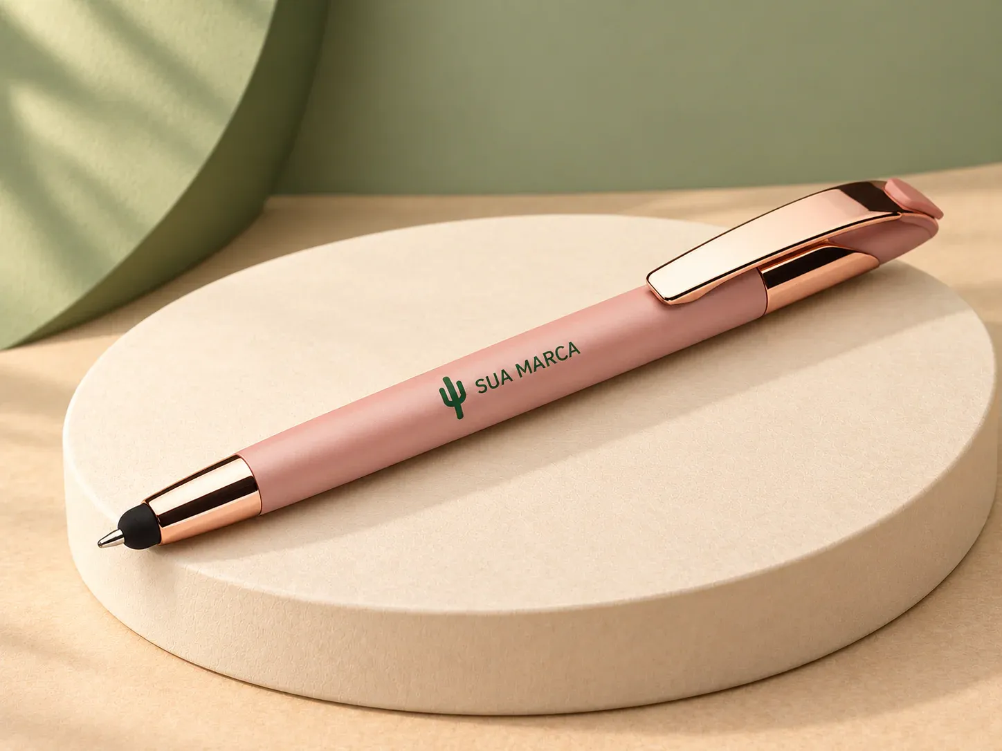 Caneta esferográfica em metal com detalhe rosé e ponteira touch, com exemplo de personalização colorida: um cacto e o texto “SUA MARCA” impressos em cor