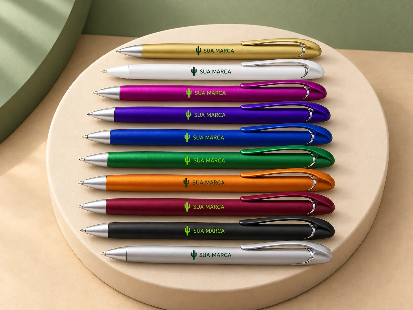 Caneta plástica, com exemplo de personalização colorida: um cacto e o texto “SUA MARCA” impressos em cor