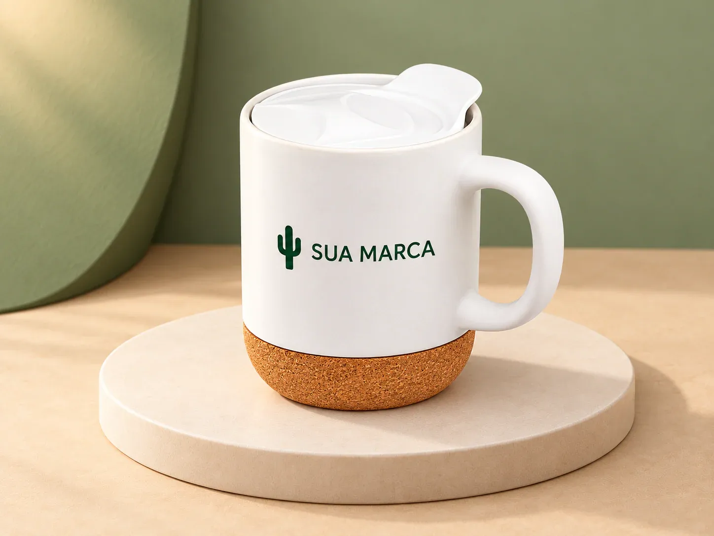 Caneca porcelana 350 ml com base em cortiça, com exemplo de personalização colorida: um cacto e o texto “SUA MARCA” impressos em cor