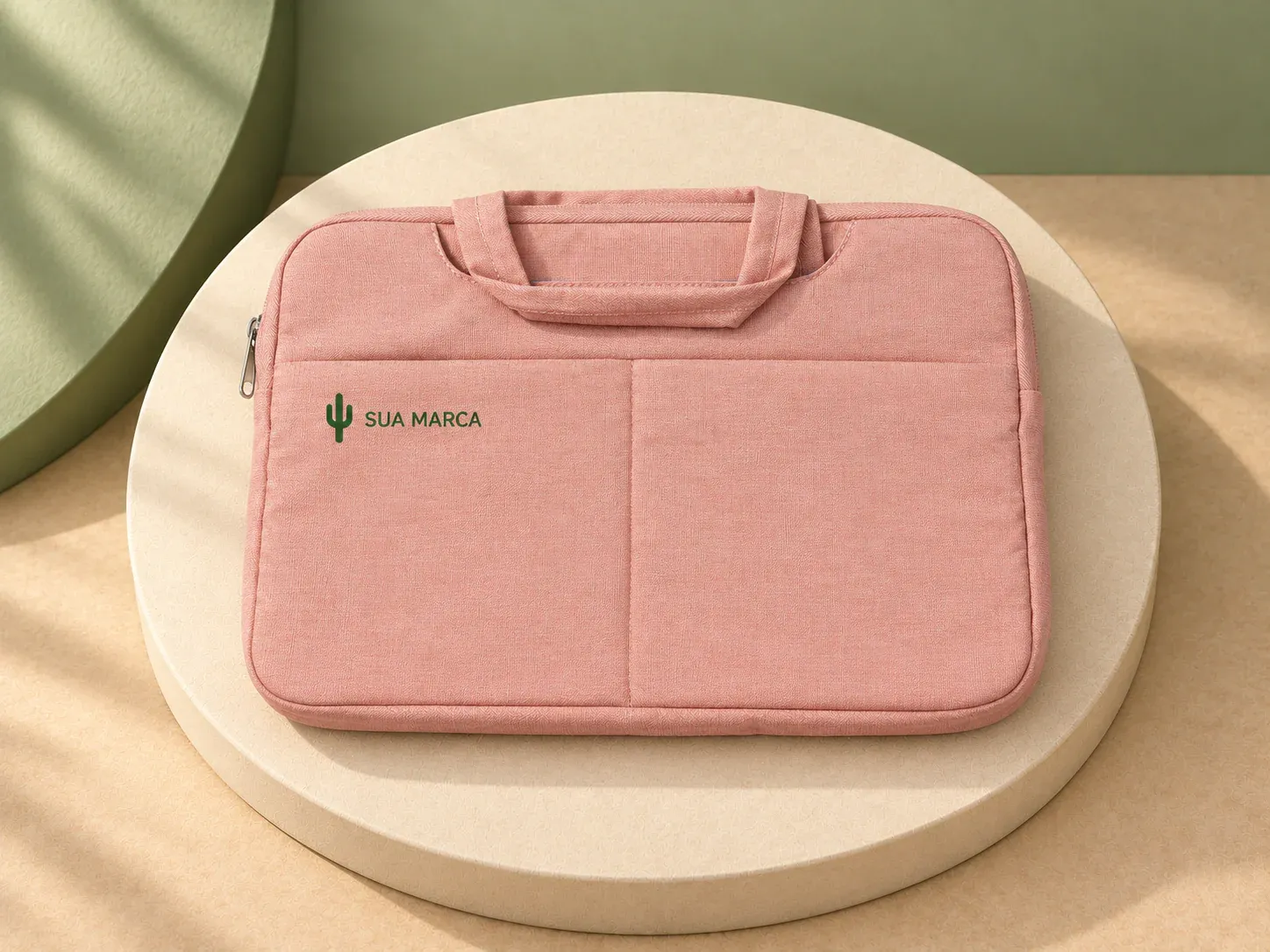 Pasta executiva para tablet e notebook 13" polegadas, com exemplo de personalização colorida: um cacto e o texto “SUA MARCA” impressos em cor