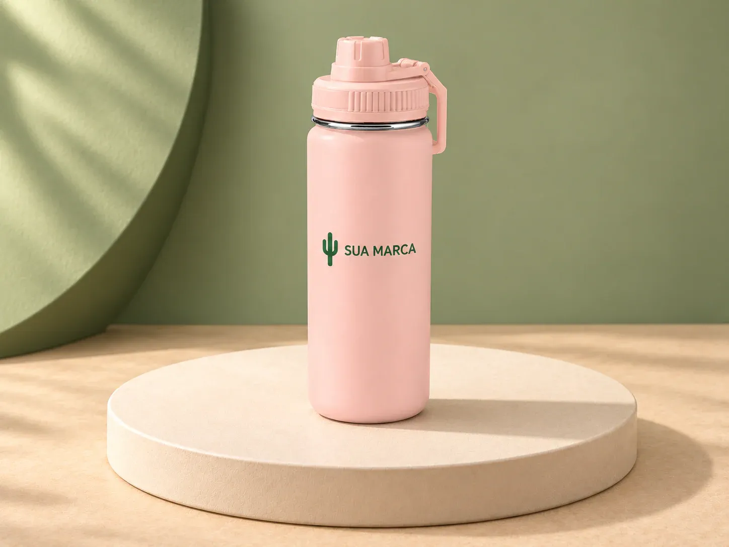Garrafa térmica em aço inox 960 ml, com exemplo de personalização colorida: um cacto e o texto “SUA MARCA” impressos em cor