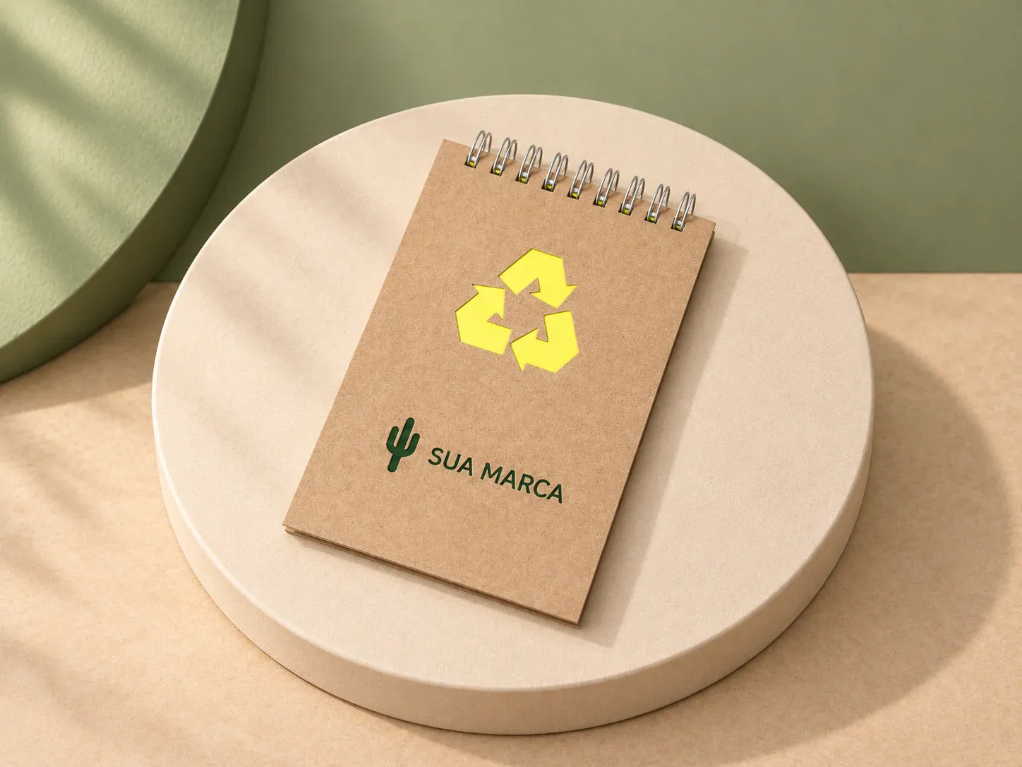 Bloco de anotações ecológico com Wire-o, com exemplo de personalização colorida: um cacto e o texto “SUA MARCA” impressos em cor