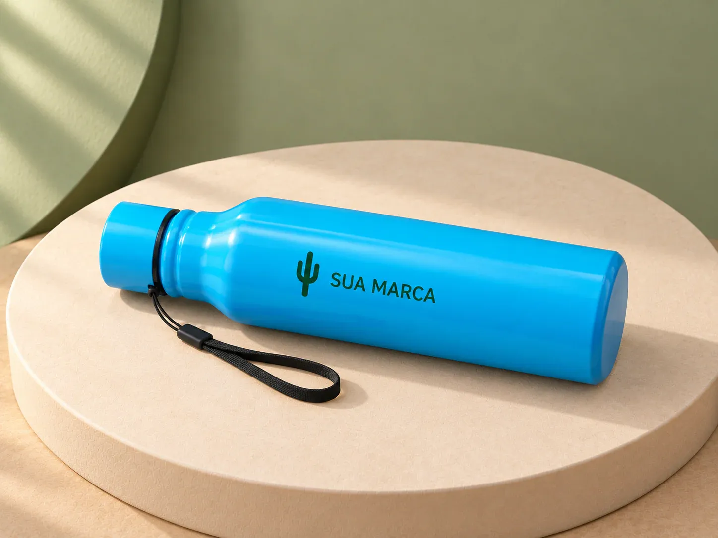 Garrafa inox 750 ml, com exemplo de personalização colorida: um cacto e o texto “SUA MARCA” impressos em cor