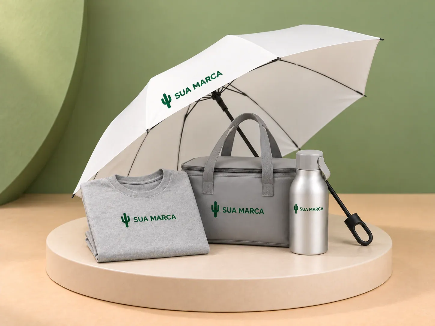 Kit evento e onboarding 13 personalizável, com exemplo de personalização colorida: um cacto e o texto “SUA MARCA” impressos em cor