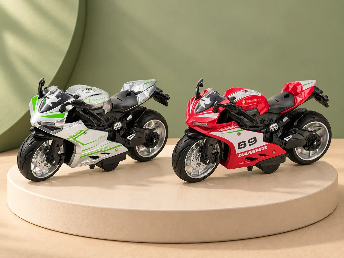 Moto esportiva de brinquedo em miniatura, com exemplo de personalização colorida: um cacto e o texto “SUA MARCA” impressos em cor