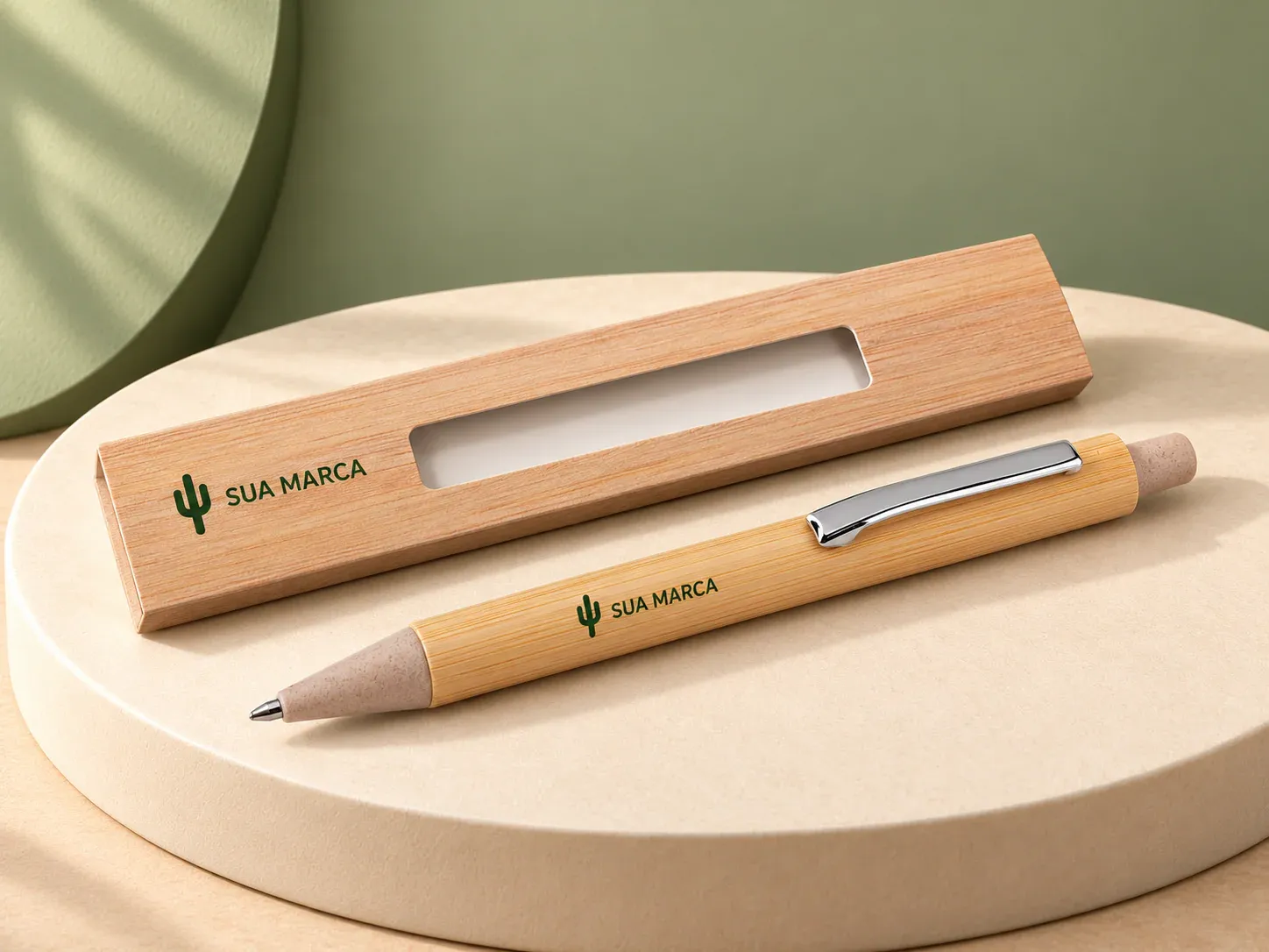 Caneta ecológica de bambu com estojo, com exemplo de personalização colorida: um cacto e o texto “SUA MARCA” impressos em cor